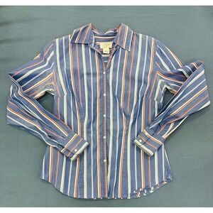 Ann Taylor LOFT Womens XS Blue Red White Striped Button Down Cotton Shirt Top